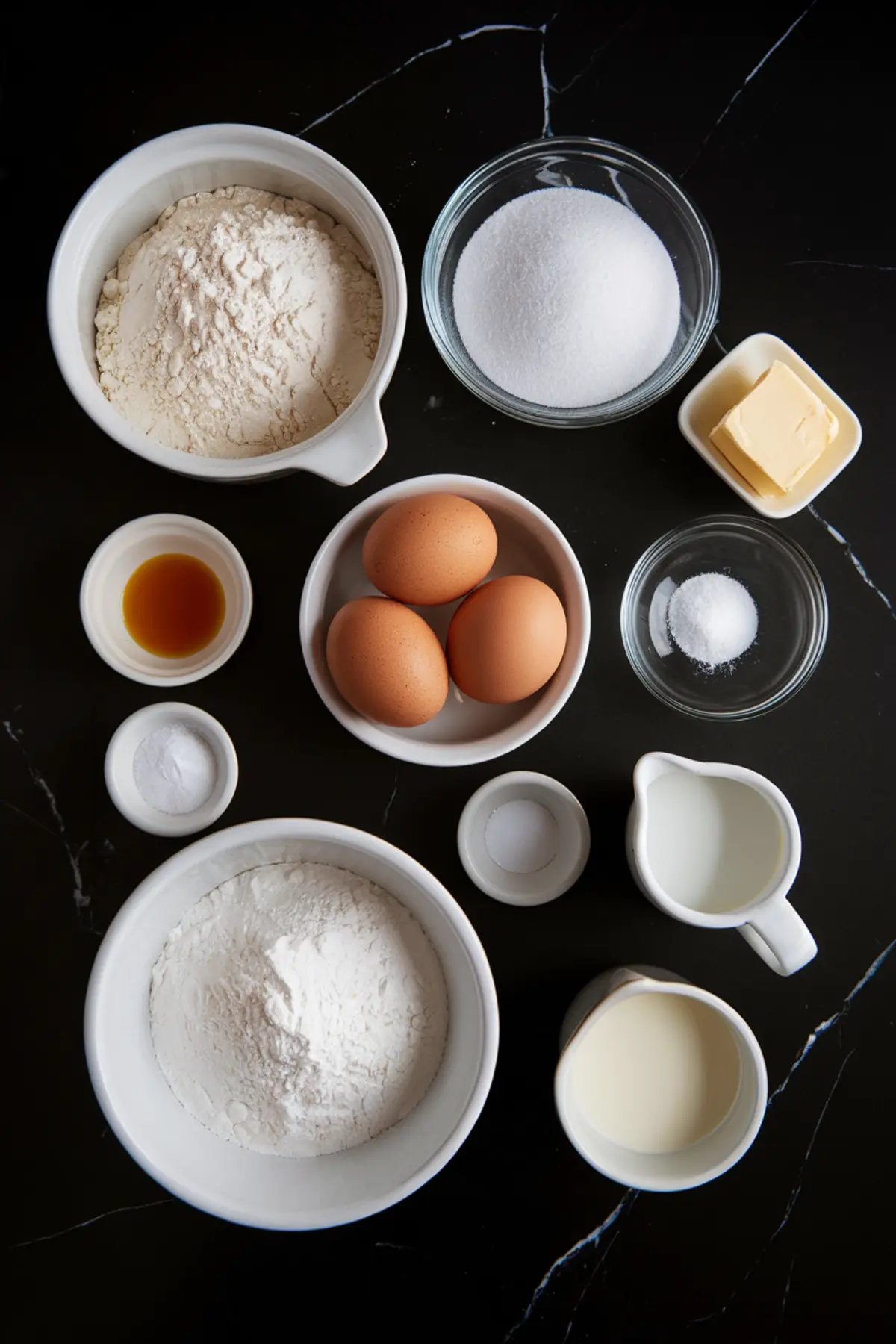 A flat lay of baking ingredients arranged on a black marble countertop, including flour, sugar, eggs, butter, vanilla extract, salt, baking powder, and milk in small bowls and measuring cups.