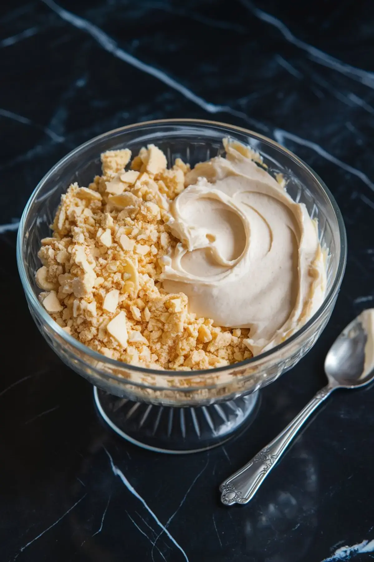 A close-up view of a glass bowl on a black marble surface reveals the preparation process for Easter egg cake pops. The bowl is filled with crumbled yellow cake mixed with creamy frosting, accompanied by a silver spoon, showcasing a key step in making these delightful Easter egg cake pops.