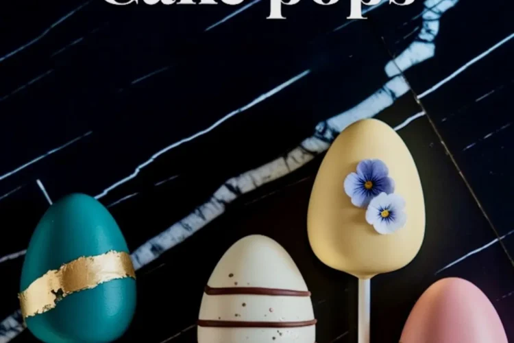 Easter egg cake pops display egg-shaped treats on sticks set against a black marble background. Covered in pastel shades of teal, pink, and beige, each cake pop is adorned with gold foil bands and small edible flowers.