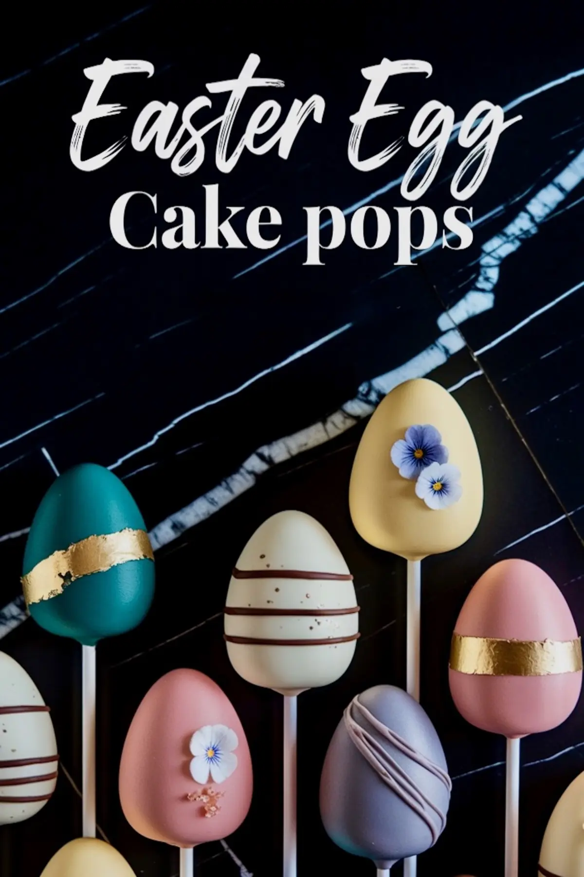 Easter egg cake pops display egg-shaped treats on sticks set against a black marble background. Covered in pastel shades of teal, pink, and beige, each cake pop is adorned with gold foil bands and small edible flowers.