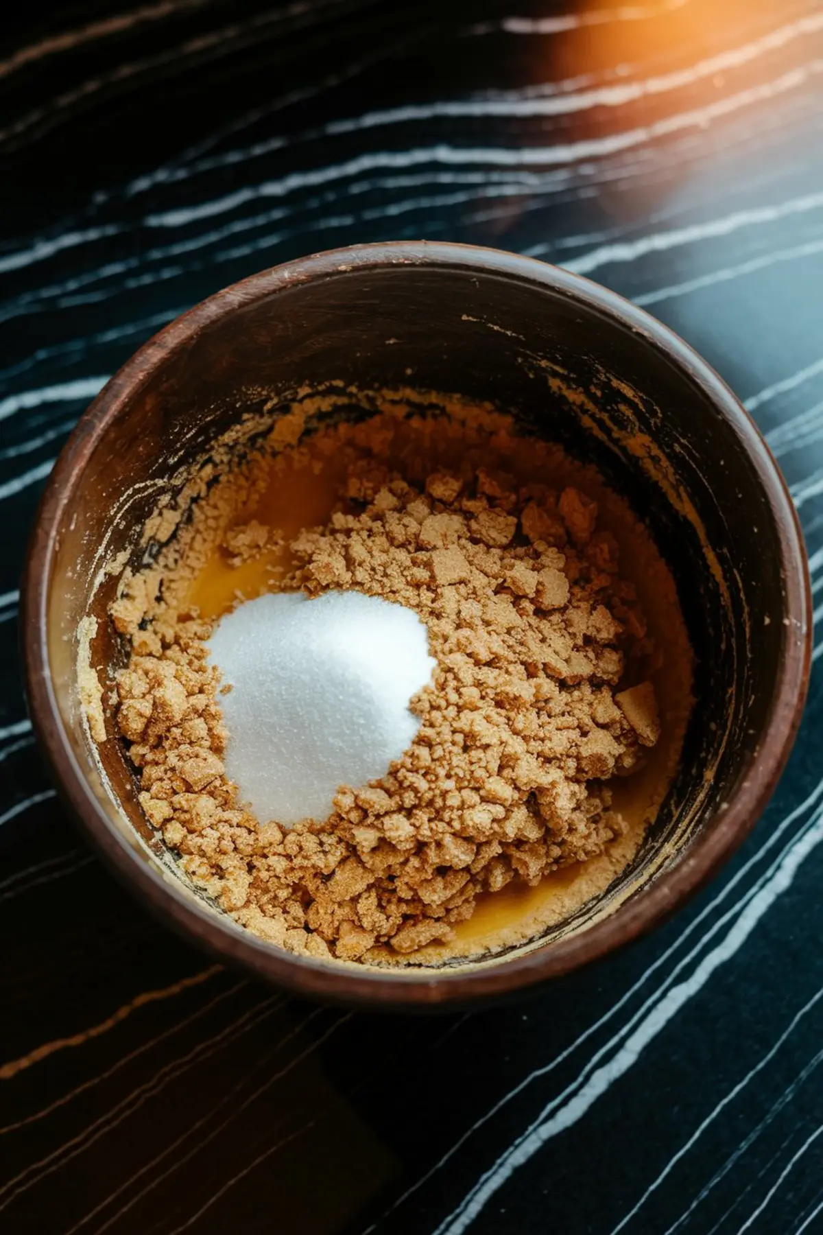 A brown mixing bowl filled with crushed graham crackers, granulated sugar, and melted butter. The ingredients are partially combined, sitting on a black marble countertop with a streak of sunlight casting a warm glow.