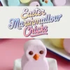 Pastel marshmallow chicks shaped like birds with chocolate eyes and orange beaks, arranged on a white tray, with “Easter Marshmallow Chicks” text in pastel gradient colors, and a single pink chick placed upright in a small square dish on a pink background.