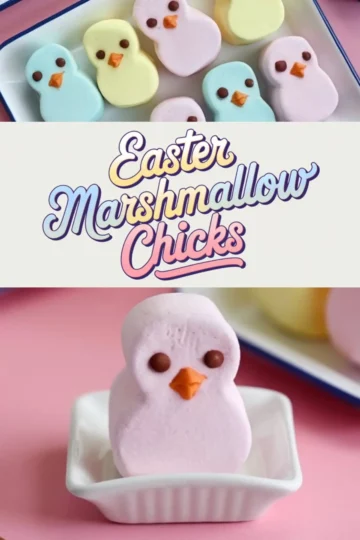 Pastel marshmallow chicks shaped like birds with chocolate eyes and orange beaks, arranged on a white tray, with “Easter Marshmallow Chicks” text in pastel gradient colors, and a single pink chick placed upright in a small square dish on a pink background.