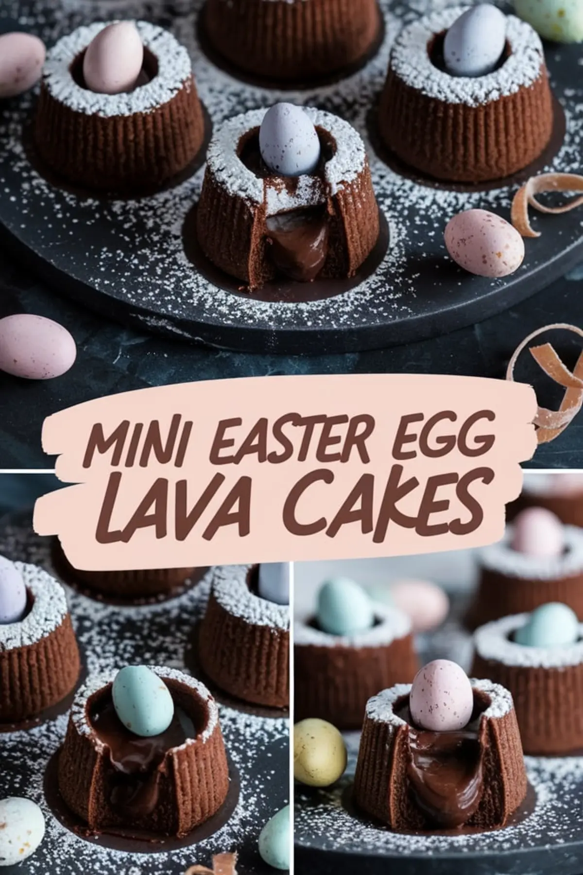 Mini Easter Egg Chocolate Lava Cakes – Rich chocolate lava cakes dusted with powdered sugar and topped with pastel candy eggs. The gooey chocolate center makes this a decadent Easter dessert.