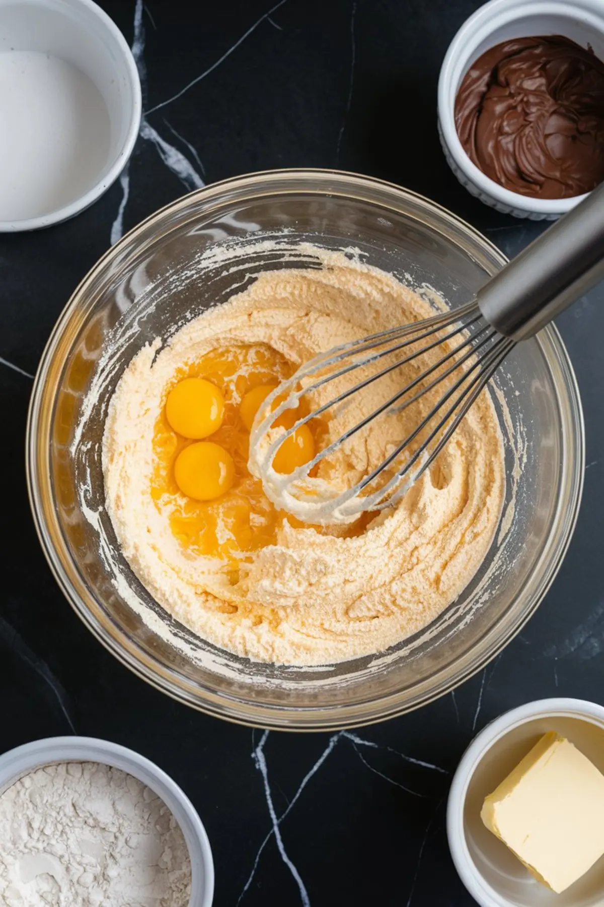 A top-down view of cake batter being mixed in a glass bowl. A whisk rests inside the bowl, and cracked eggs are visible on top of the creamy batter. Surrounding the bowl are small dishes containing sugar, flour, butter, and melted chocolate.