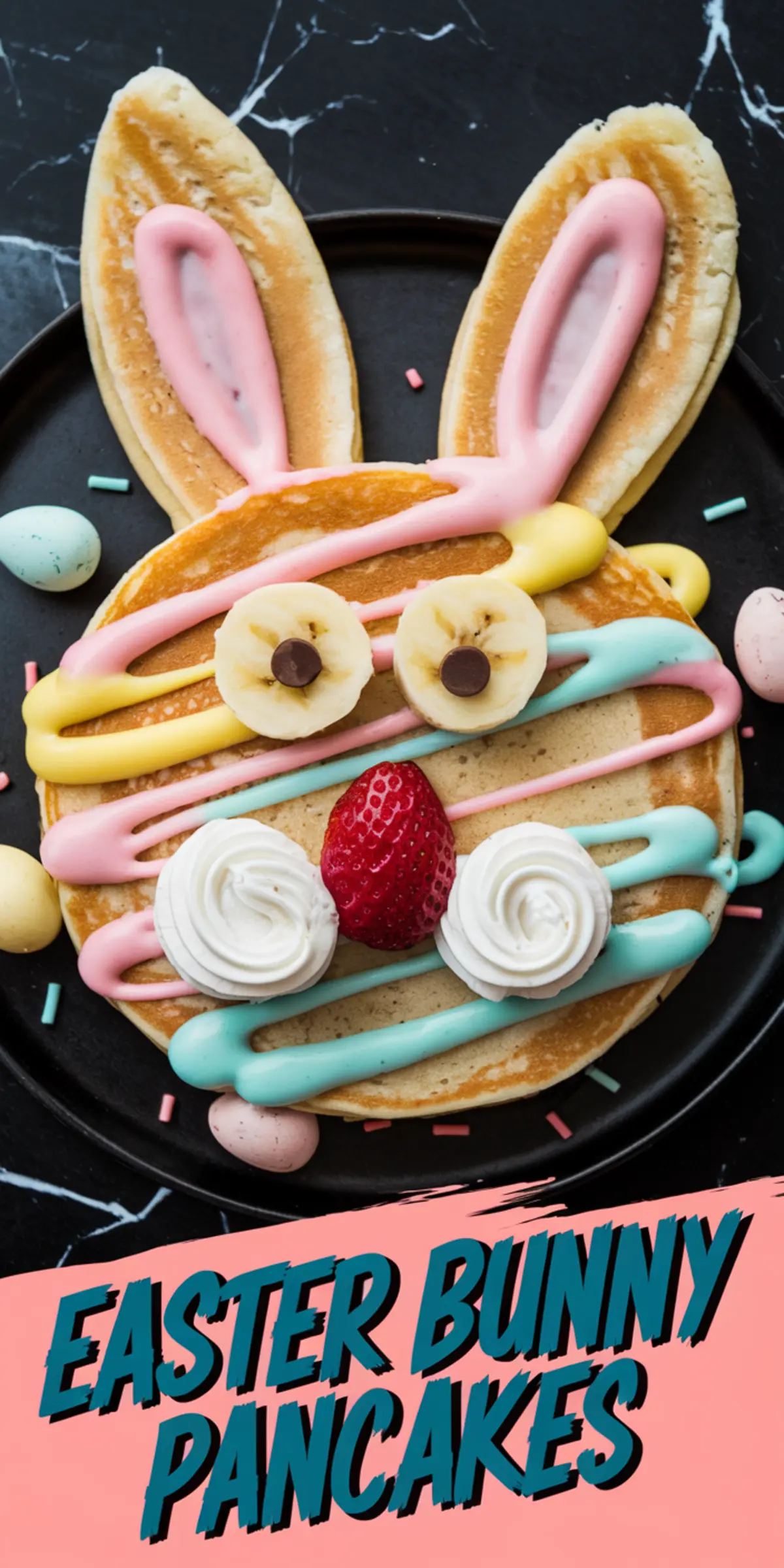 Easter Bunny Pancakes with Whipped Cream and Fruit – A stack of pancakes shaped like a bunny face, decorated with banana slices, chocolate chips, a strawberry nose, and colorful icing drizzle for a festive Easter breakfast.