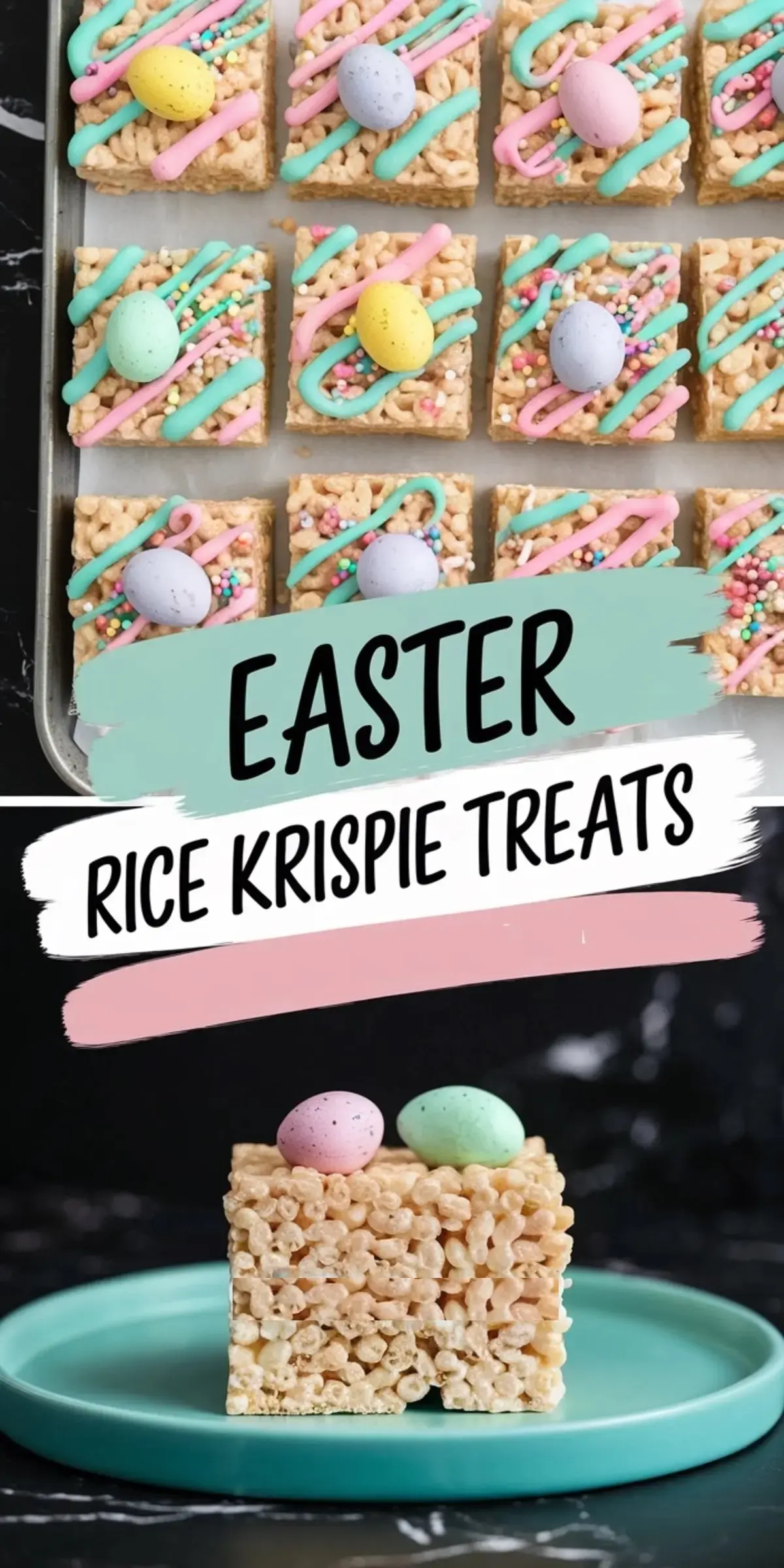 Easter Rice Krispie Treats with Drizzle and Eggs – Classic rice krispie squares topped with pastel pink and teal drizzle, colorful sprinkles, and candy-coated chocolate eggs. A fun no-bake treat for Easter celebrations.