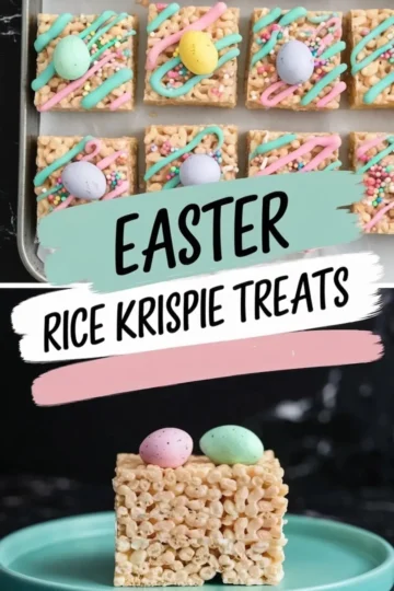 A baking sheet filled with Easter Rice Krispie treats, each cut into squares and decorated with pastel-colored drizzle in pink, blue, and green. The treats are topped with multicolored sprinkles and a speckled candy egg. A text overlay reads “EASTER RICE KRISPIE TREATS” in bold black letters on pastel brushstrokes.