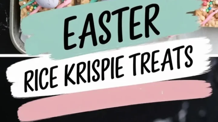 A baking sheet filled with Easter Rice Krispie treats, each cut into squares and decorated with pastel-colored drizzle in pink, blue, and green. The treats are topped with multicolored sprinkles and a speckled candy egg. A text overlay reads “EASTER RICE KRISPIE TREATS” in bold black letters on pastel brushstrokes.