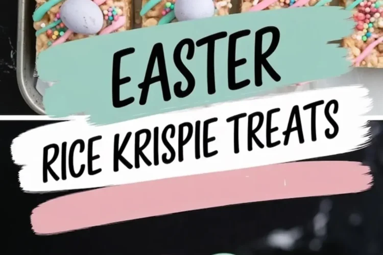 A baking sheet filled with Easter Rice Krispie treats, each cut into squares and decorated with pastel-colored drizzle in pink, blue, and green. The treats are topped with multicolored sprinkles and a speckled candy egg. A text overlay reads “EASTER RICE KRISPIE TREATS” in bold black letters on pastel brushstrokes.