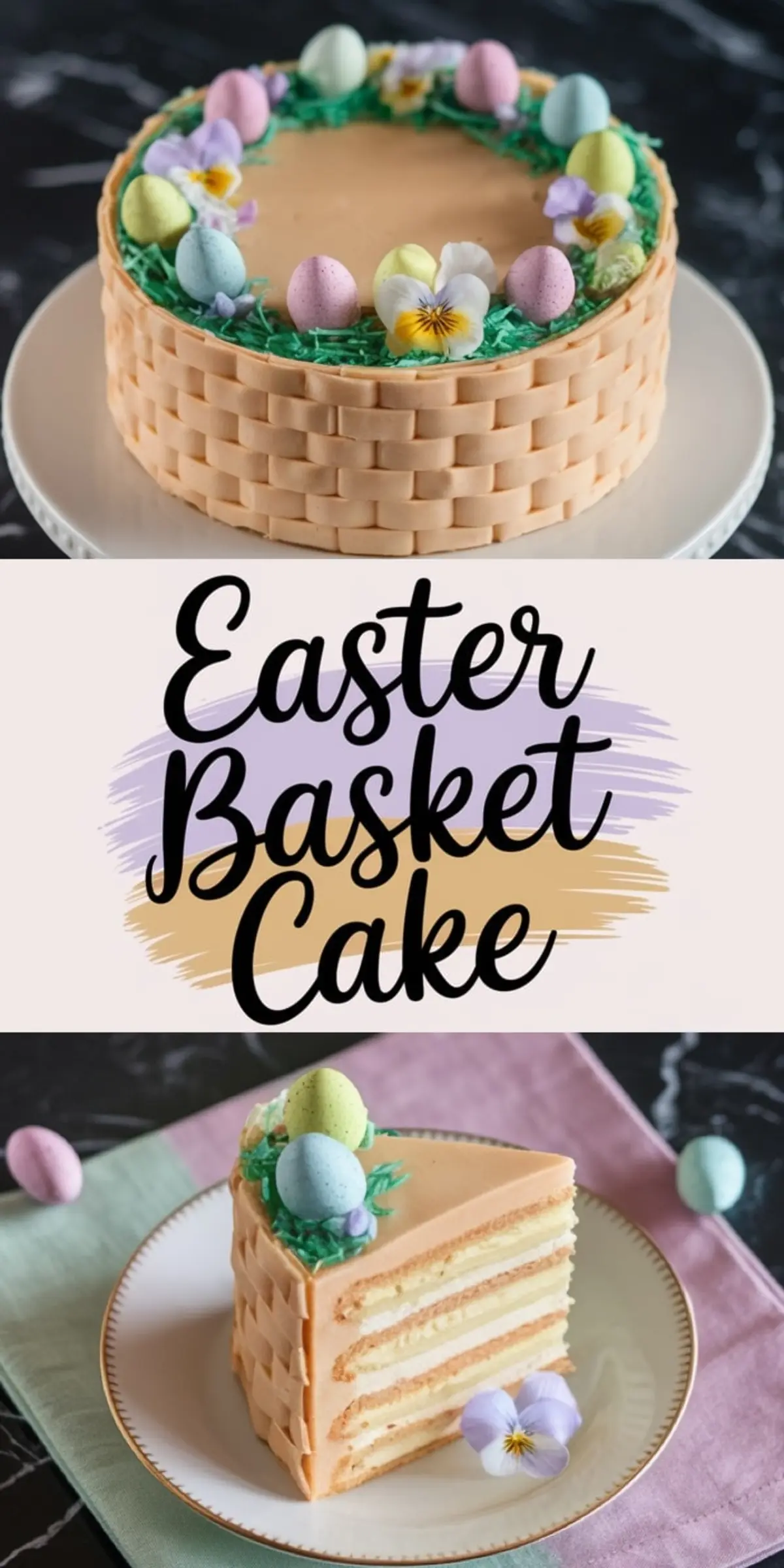 A two-image collage featuring an Easter basket cake. The top half showcases a whole cake decorated with pastel-colored chocolate eggs, edible flowers, and green shredded coconut grass on a smooth basket-weave buttercream design. The bottom half presents a slice of the cake on a plate, revealing multiple layers of cake and creamy filling. The text “Easter Basket Cake” is centered in the collage with a decorative pastel-colored brushstroke background.