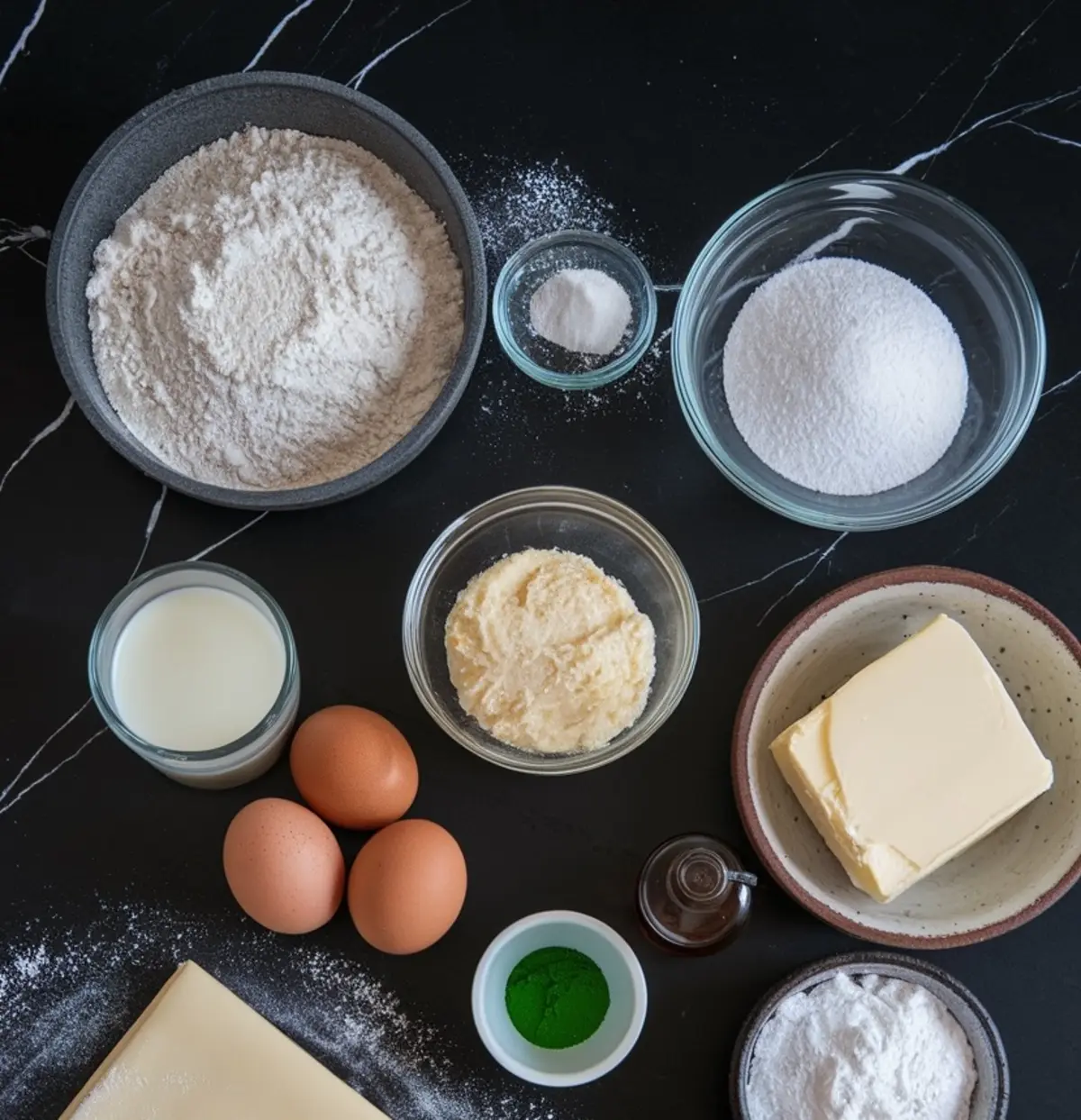 A flat-lay of baking ingredients on a black marble countertop, including flour, sugar, butter, eggs, milk, vanilla extract, powdered sugar, salt, and a small bowl of green food coloring. The ingredients are arranged neatly, with some flour dusted on the surface.