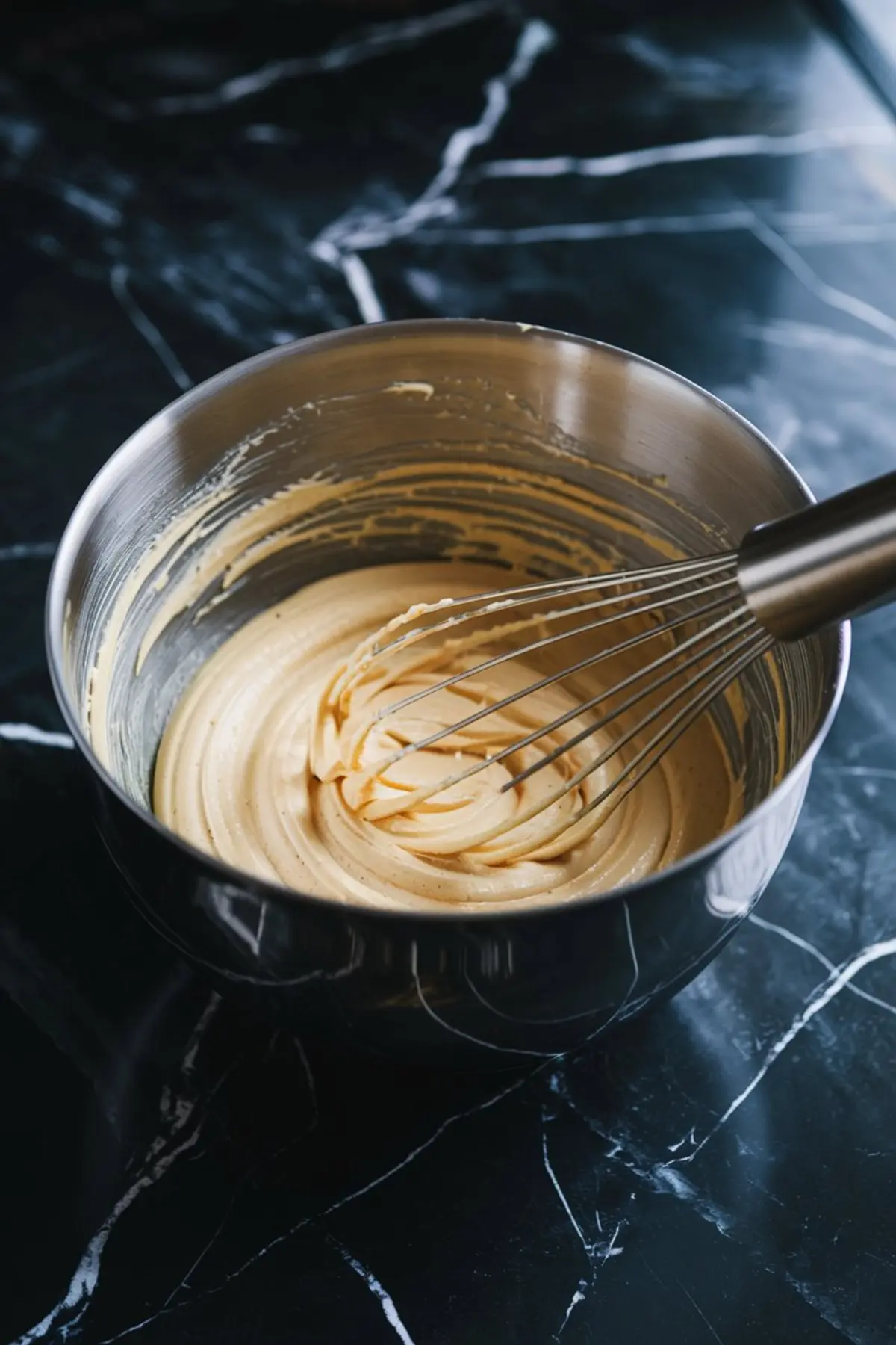 A close-up of a stainless steel mixing bowl filled with smooth, whipped buttercream frosting. A metal whisk with traces of frosting rests inside the bowl, placed on a black marble countertop.