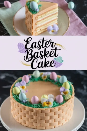 A two-image collage of an Easter basket cake. The top half focuses on a slice of cake with visible layers, sitting on a plate with pastel napkins underneath. The bottom half highlights the whole cake with its basket-weave buttercream design and festive decorations. The text “Easter Basket Cake” is displayed in a playful font with pastel Easter-themed illustrations.
