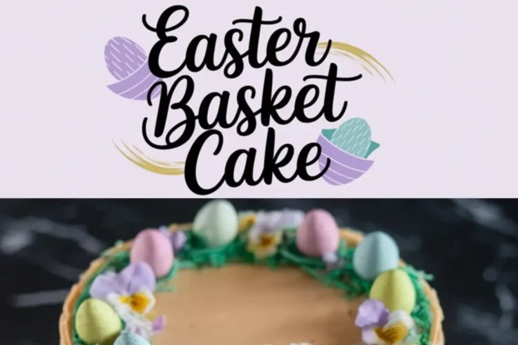 A two-image collage of an Easter basket cake. The top half focuses on a slice of cake with visible layers, sitting on a plate with pastel napkins underneath. The bottom half highlights the whole cake with its basket-weave buttercream design and festive decorations. The text “Easter Basket Cake” is displayed in a playful font with pastel Easter-themed illustrations.