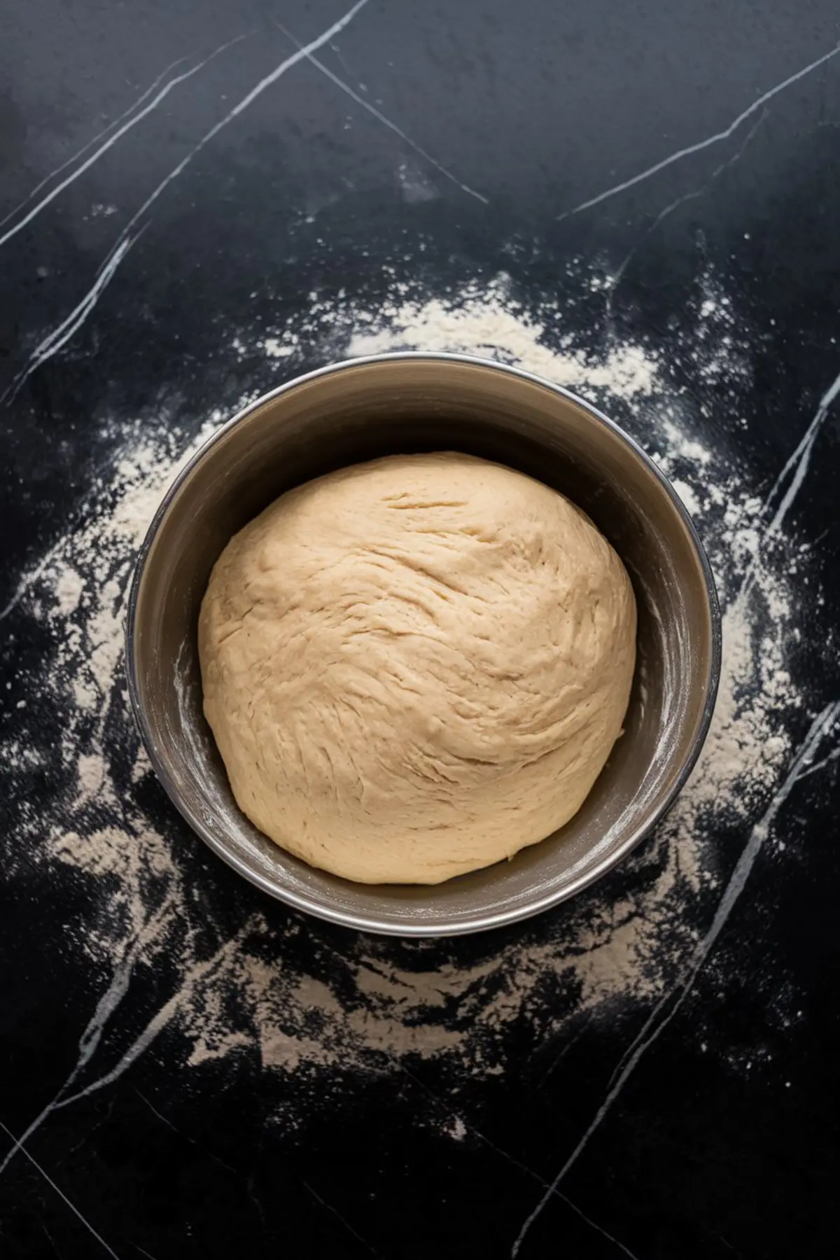 Overhead view of a metal bowl filled with proofed eggnog brioche dough, sitting on a black marble surface lightly dusted with flour, showcasing soft, fluffy yeast dough for baking.