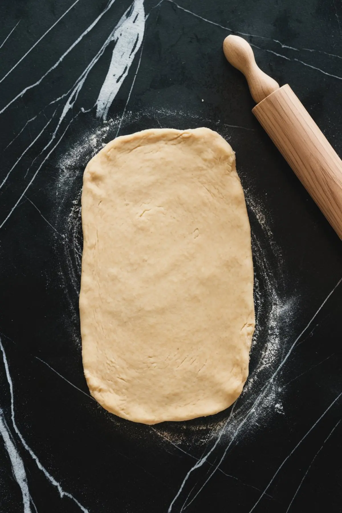 Flattened rectangle of eggnog brioche dough on a floured black marble surface with a wooden rolling pin, ready for filling and shaping into cinnamon rolls.