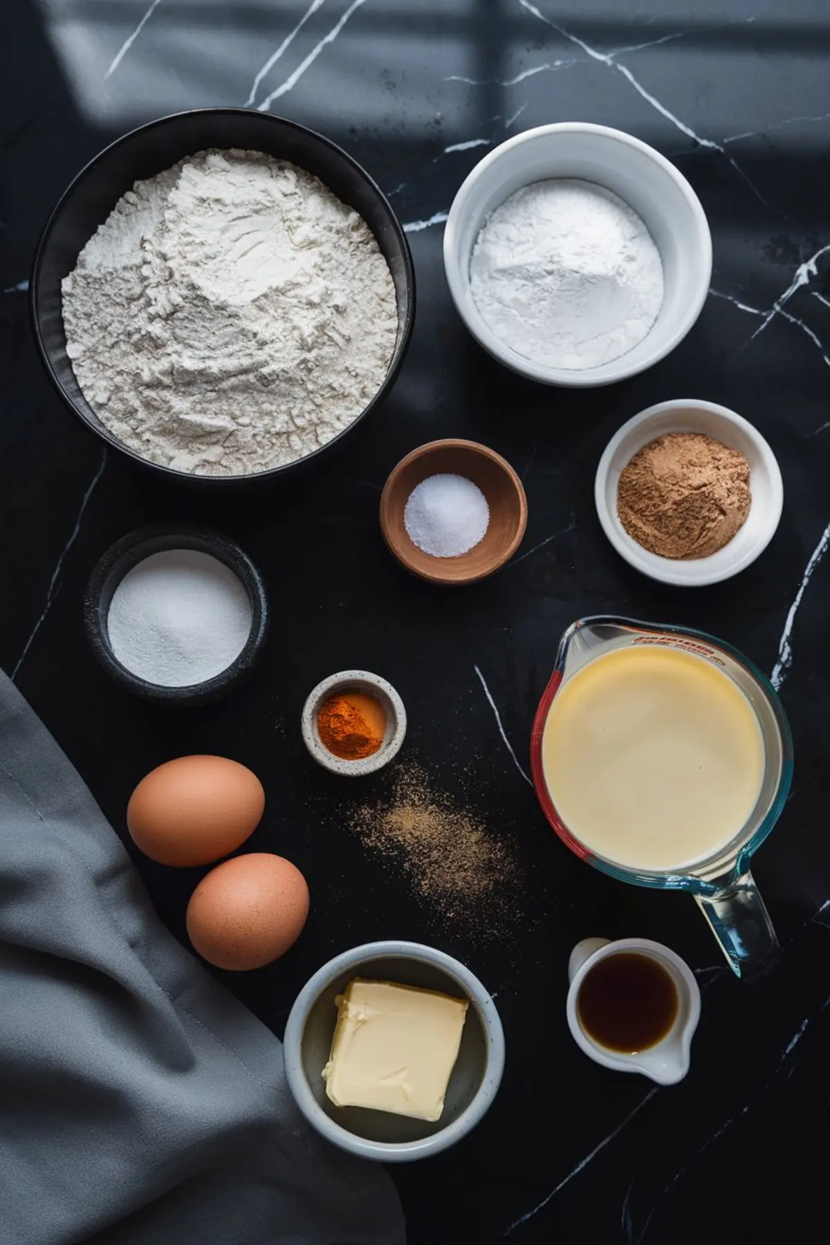 Flat lay of ingredients for eggnog brioche cinnamon rolls, including flour, sugar, eggs, butter, eggnog, vanilla extract, spices like cinnamon and nutmeg, and salt, arranged on a black marble countertop.