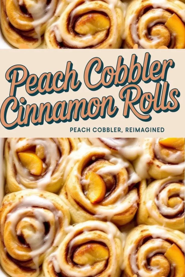 A collage of peach cobbler cinnamon rolls, featuring golden-brown swirls filled with cinnamon sugar, topped with fresh peach slices and drizzled with icing. The text overlay reads “Peach Cobbler Cinnamon Rolls – Peach Cobbler, Reimagined.”