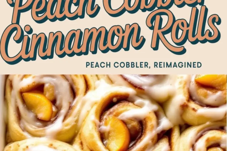 A collage of peach cobbler cinnamon rolls, featuring golden-brown swirls filled with cinnamon sugar, topped with fresh peach slices and drizzled with icing. The text overlay reads “Peach Cobbler Cinnamon Rolls – Peach Cobbler, Reimagined.”