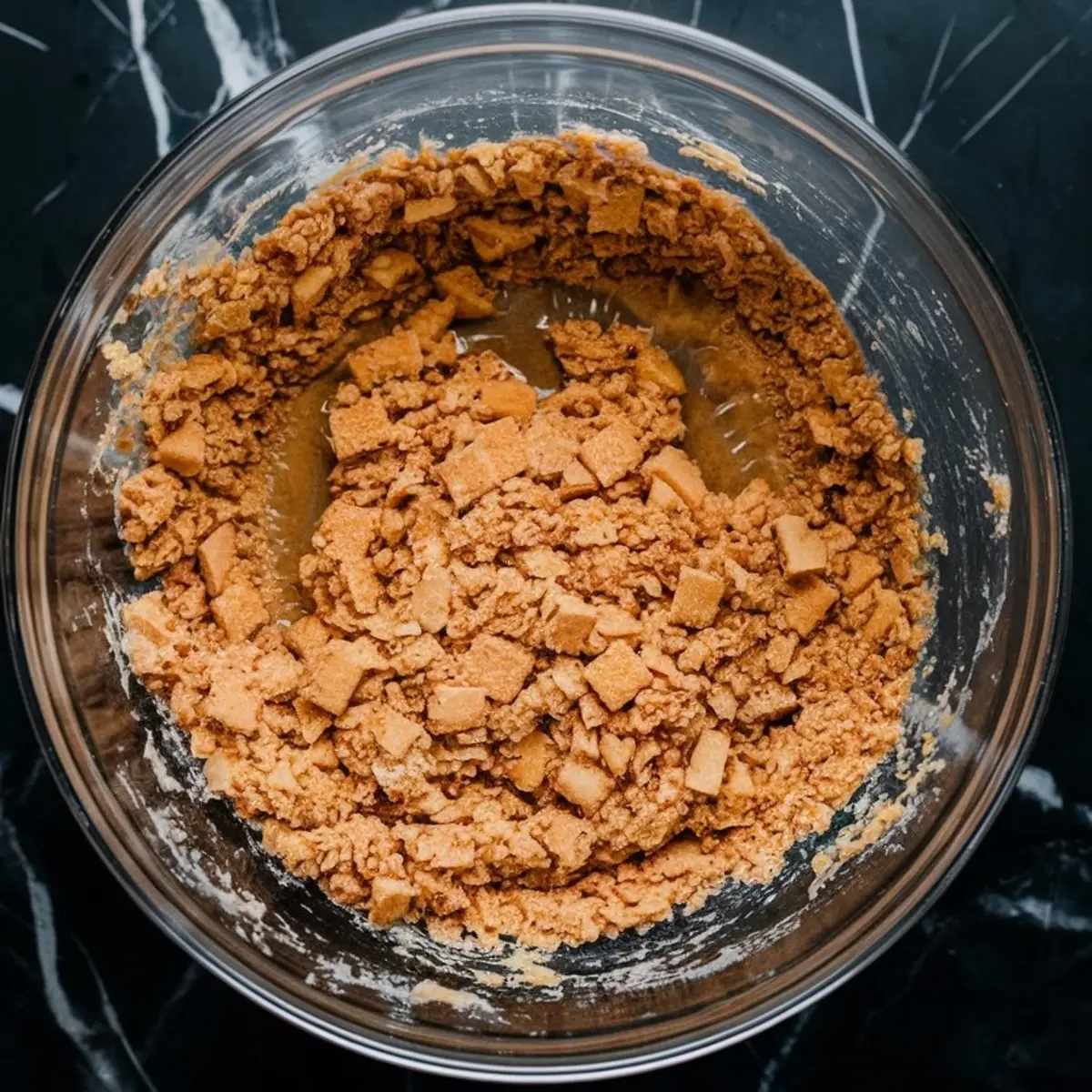 Clear glass mixing bowl containing crushed graham crackers and melted butter mixture, forming the base for a no-bake crust, placed on a black marbled surface.