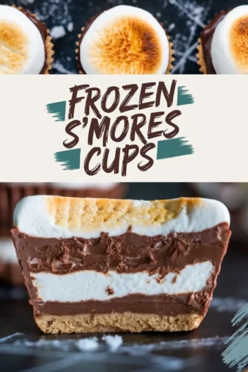 Frozen s’mores dessert collage showing toasted marshmallow-topped cups with a cross-section highlighting graham cracker crust, whipped marshmallow, and rich chocolate mousse; includes bold typography “Frozen S’mores Cups” on a cream background.