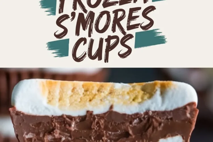 Frozen s’mores dessert collage showing toasted marshmallow-topped cups with a cross-section highlighting graham cracker crust, whipped marshmallow, and rich chocolate mousse; includes bold typography “Frozen S’mores Cups” on a cream background.