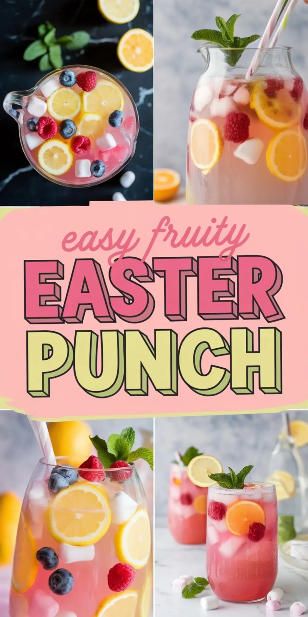 Fruity Easter Punch with Fresh Berries and Lemon Slices – A refreshing pink Easter punch filled with floating lemon slices, raspberries, blueberries, and mini marshmallows, served in a glass pitcher with mint leaves for a bright and cute spring drink.