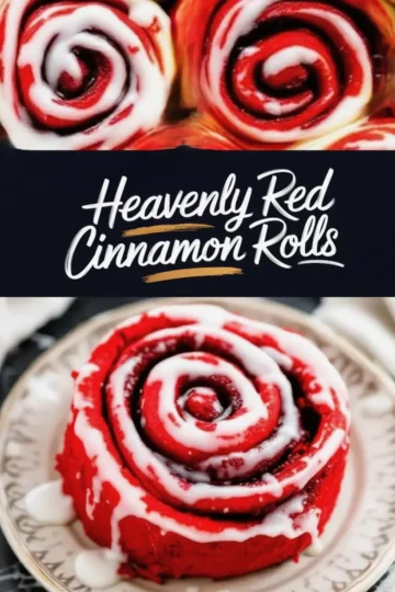 A close-up of two red cinnamon rolls with swirls of icing on top. Below, a single red cinnamon roll sits on a decorative plate, drizzled with white icing that drips down the sides. The soft, rich red dough contrasts with the creamy glaze. A text overlay reads “Heavenly Red Cinnamon Rolls.”