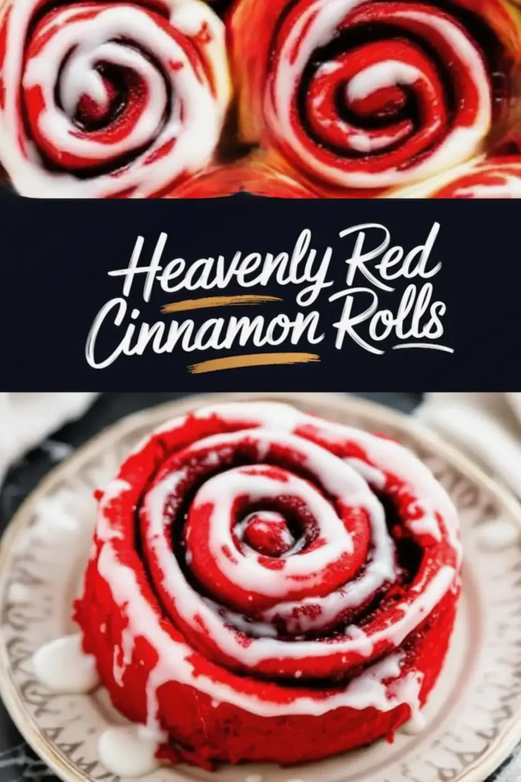 A close-up of two red cinnamon rolls with swirls of icing on top. Below, a single red cinnamon roll sits on a decorative plate, drizzled with white icing that drips down the sides. The soft, rich red dough contrasts with the creamy glaze. A text overlay reads “Heavenly Red Cinnamon Rolls.”