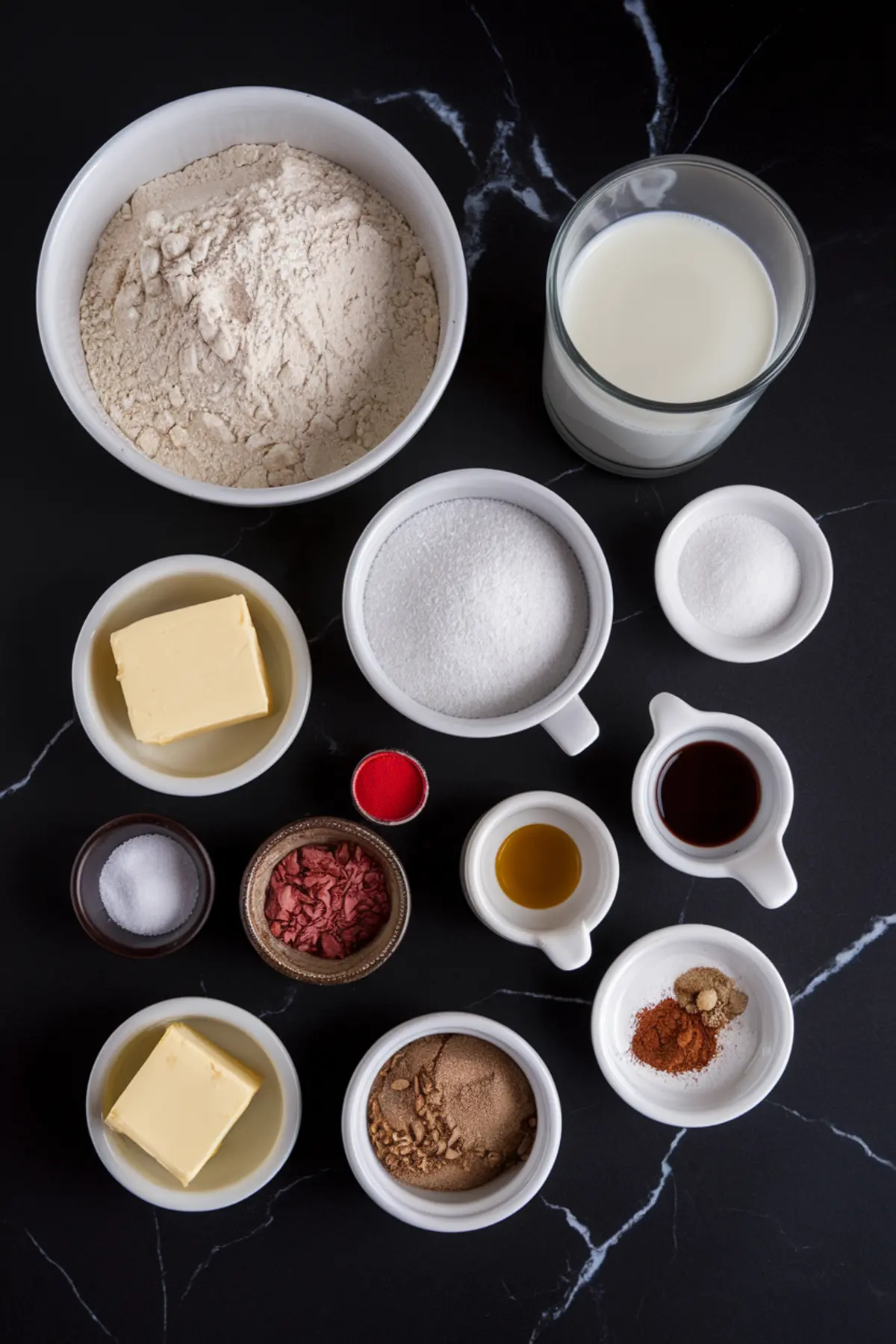 An overhead view of baking ingredients for red cinnamon rolls arranged on a black marble surface. The ingredients include flour, sugar, butter, milk, cinnamon, nutmeg, vanilla extract, red food coloring, and dried fruit powder in small bowls.