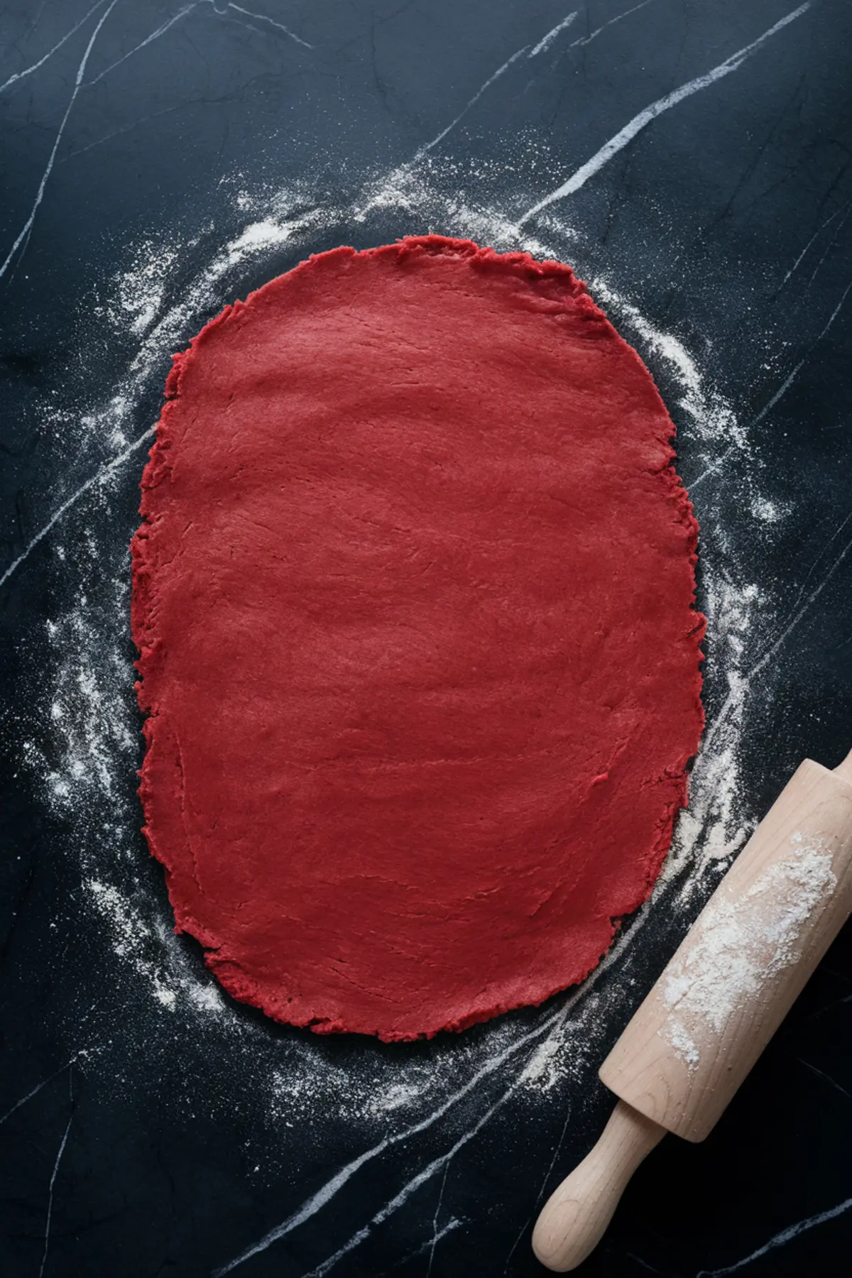 A sheet of red cinnamon roll dough rolled out into an oval shape on a floured black marble countertop. A wooden rolling pin with flour residue rests on the side. The dough has a deep red color and a smooth texture.