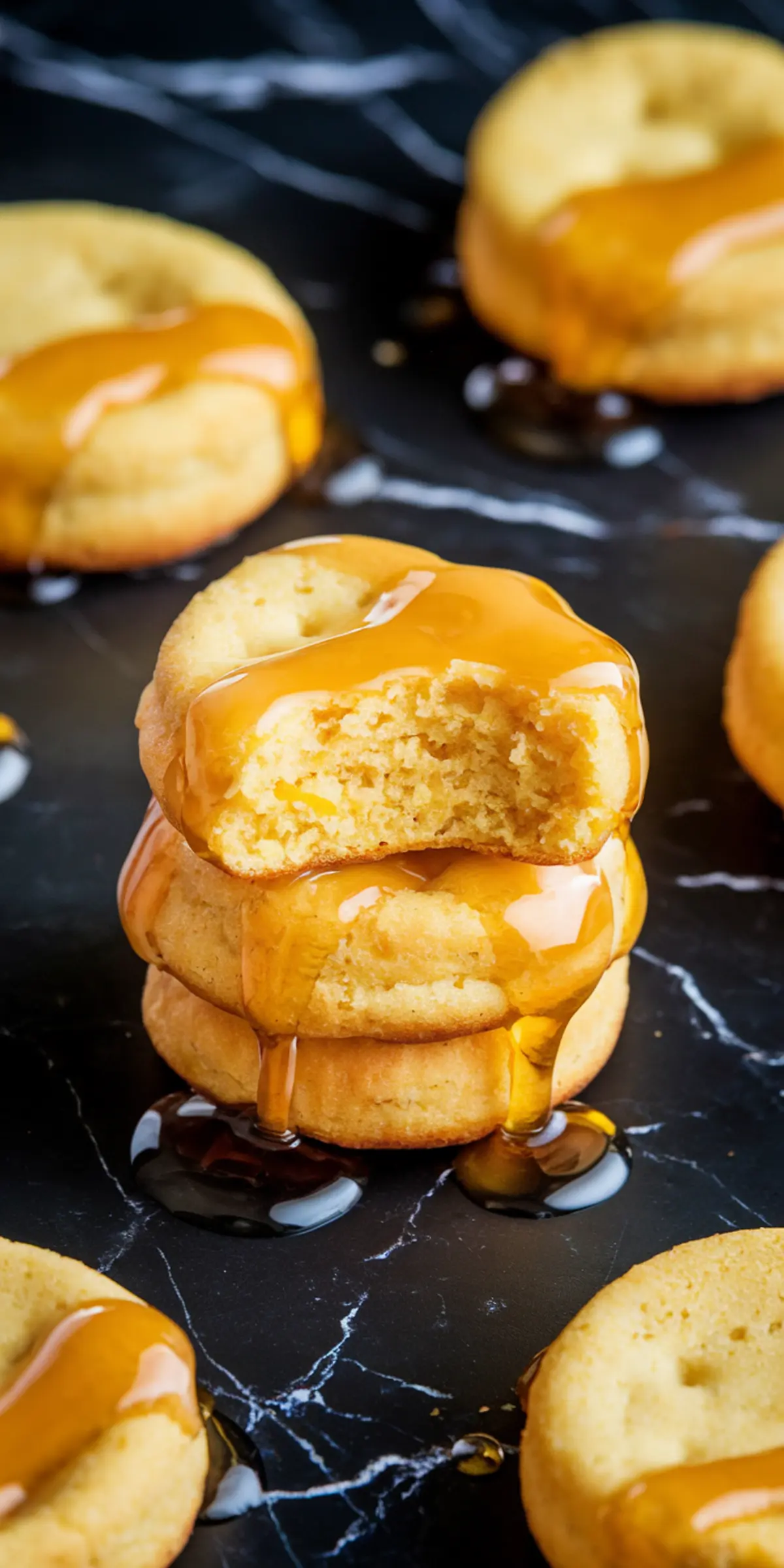 A stack of golden cornbread donuts drizzled with glossy honey on a black marble surface. The top donut has a bite taken out, revealing a soft, fluffy texture. Honey pools around the base, creating a rich, caramelized look.