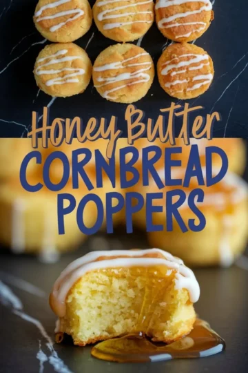 A collage of honey butter cornbread poppers. The top half features round, golden-brown cornbread bites drizzled with white icing and honey, arranged in a neat grid. The bottom half showcases a close-up of a single popper with a bite taken out, revealing its moist, fluffy interior as honey drips onto the dark marble surface. The text overlay reads “Honey Butter Cornbread Poppers.”