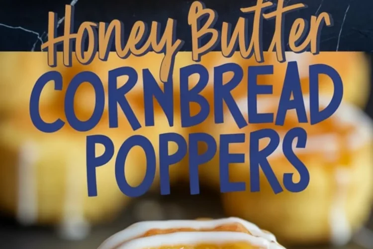 A collage of honey butter cornbread poppers. The top half features round, golden-brown cornbread bites drizzled with white icing and honey, arranged in a neat grid. The bottom half showcases a close-up of a single popper with a bite taken out, revealing its moist, fluffy interior as honey drips onto the dark marble surface. The text overlay reads “Honey Butter Cornbread Poppers.”