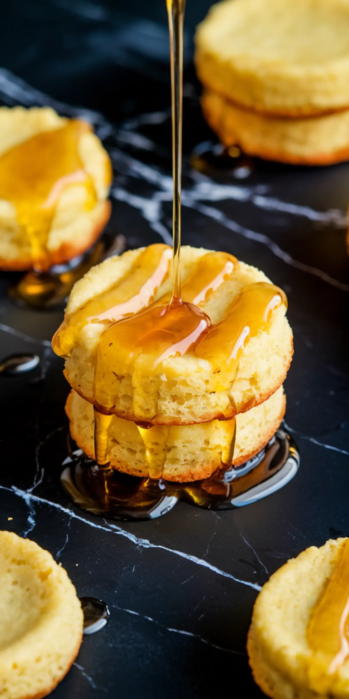 A stack of cornbread pancakes drizzled with golden honey. A steady stream of honey cascades onto the stack, pooling around the edges. The cornbread’s crisp edges and fluffy interior contrast against the sleek black marble surface.