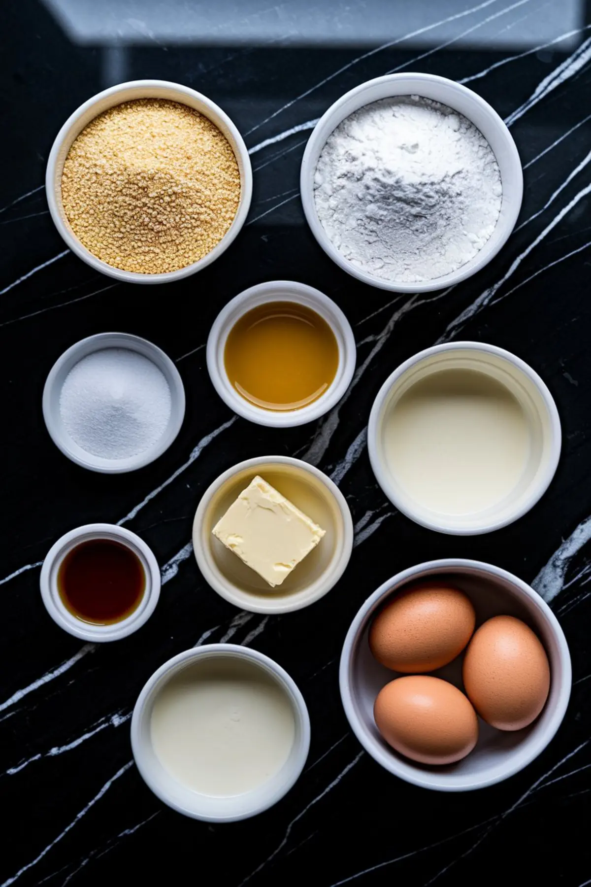 A flat lay of cornbread ingredients on a black marble countertop. Small bowls contain cornmeal, flour, sugar, butter, eggs, milk, vanilla extract, and honey, neatly arranged in a visually appealing manner. The rich contrast between the dark surface and the light ingredients enhances the composition.