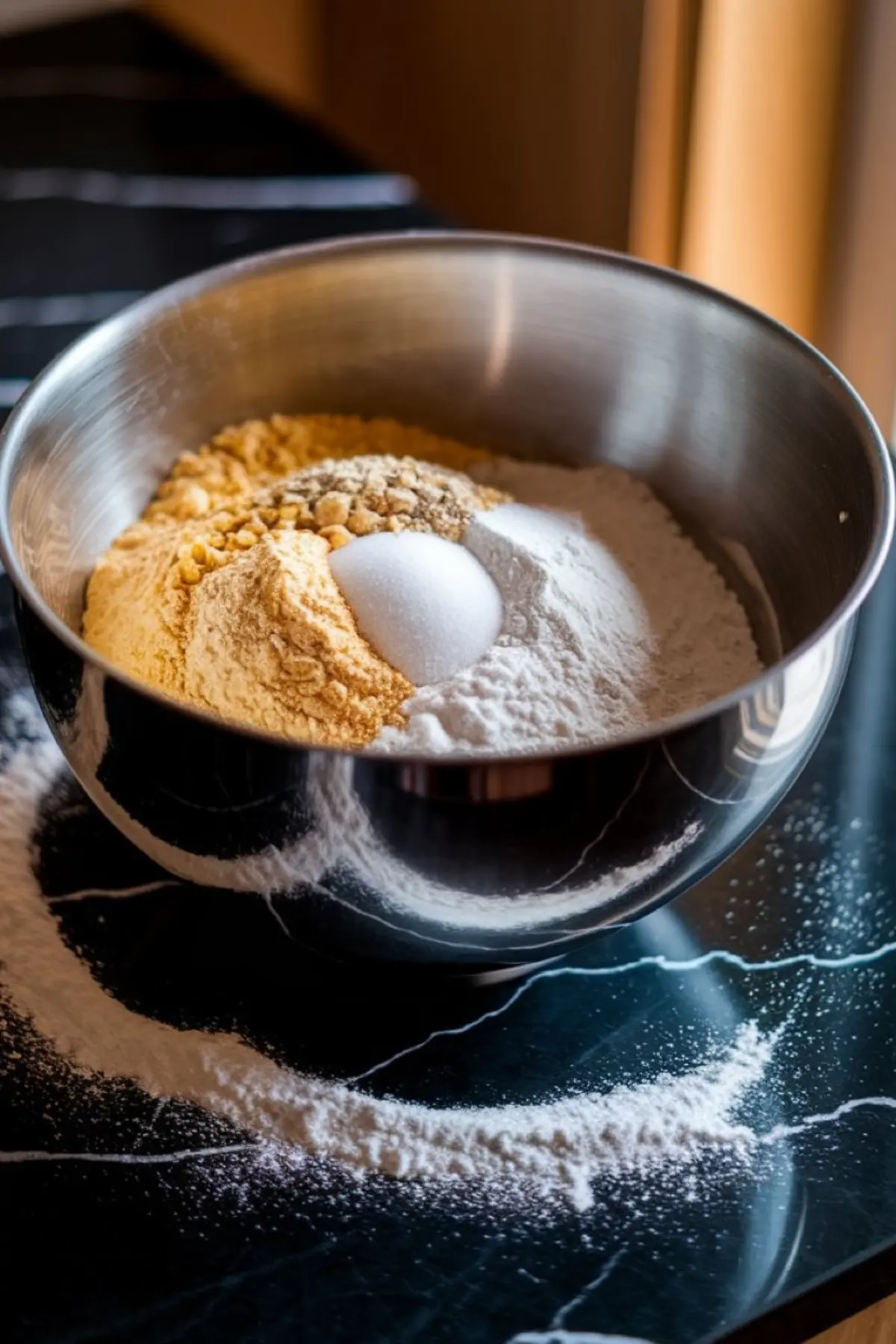 A stainless steel mixing bowl filled with dry ingredients for cornbread, including flour, sugar, and cornmeal. Some flour is spilled onto the black marble countertop, adding a rustic touch to the baking process.