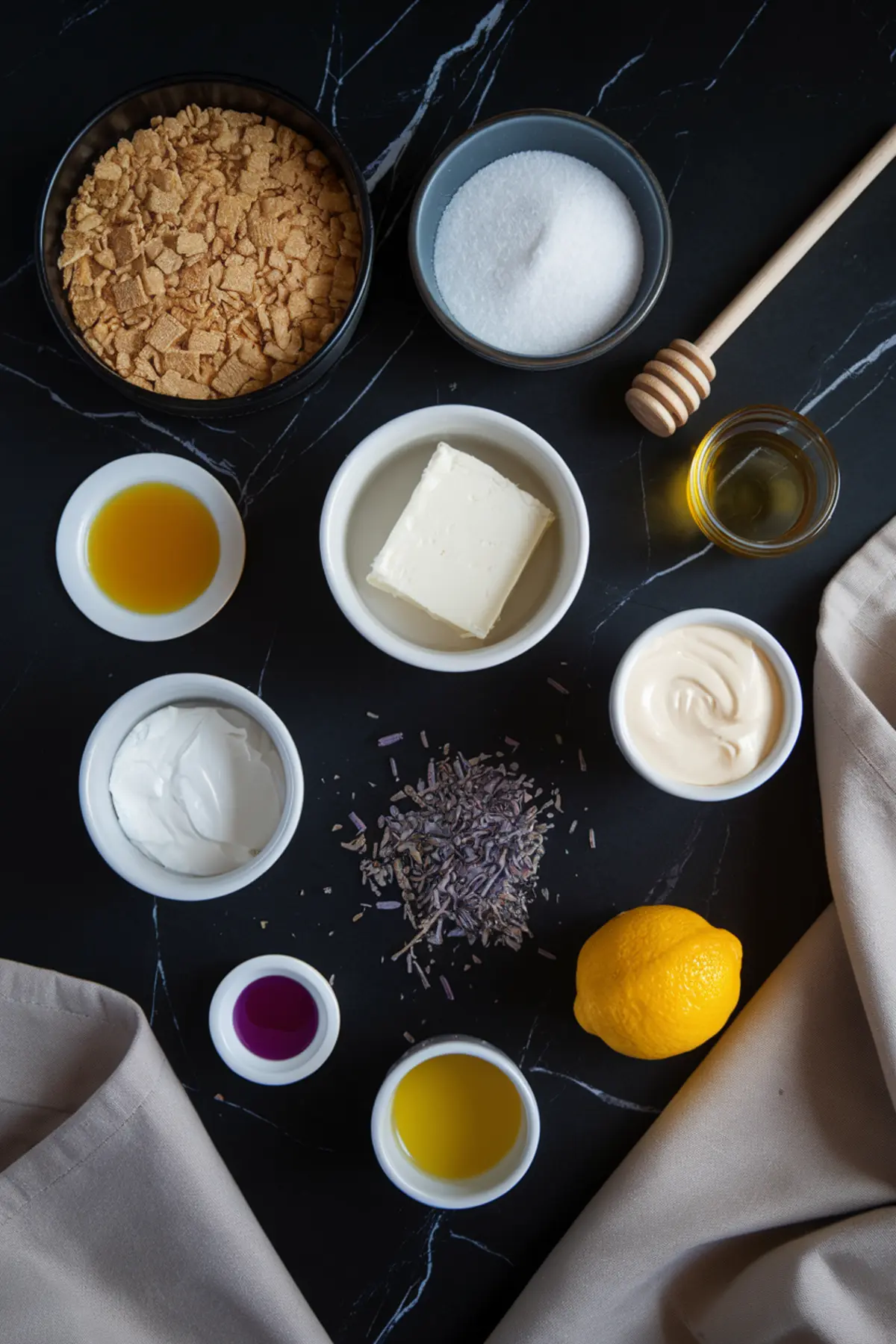 Flat lay of ingredients for honey lavender cheesecake on a black marble surface, including crushed graham crackers, sugar, cream cheese, Greek yogurt, sour cream, honey, lemon, dried lavender buds, melted butter, and purple food coloring in small bowls.