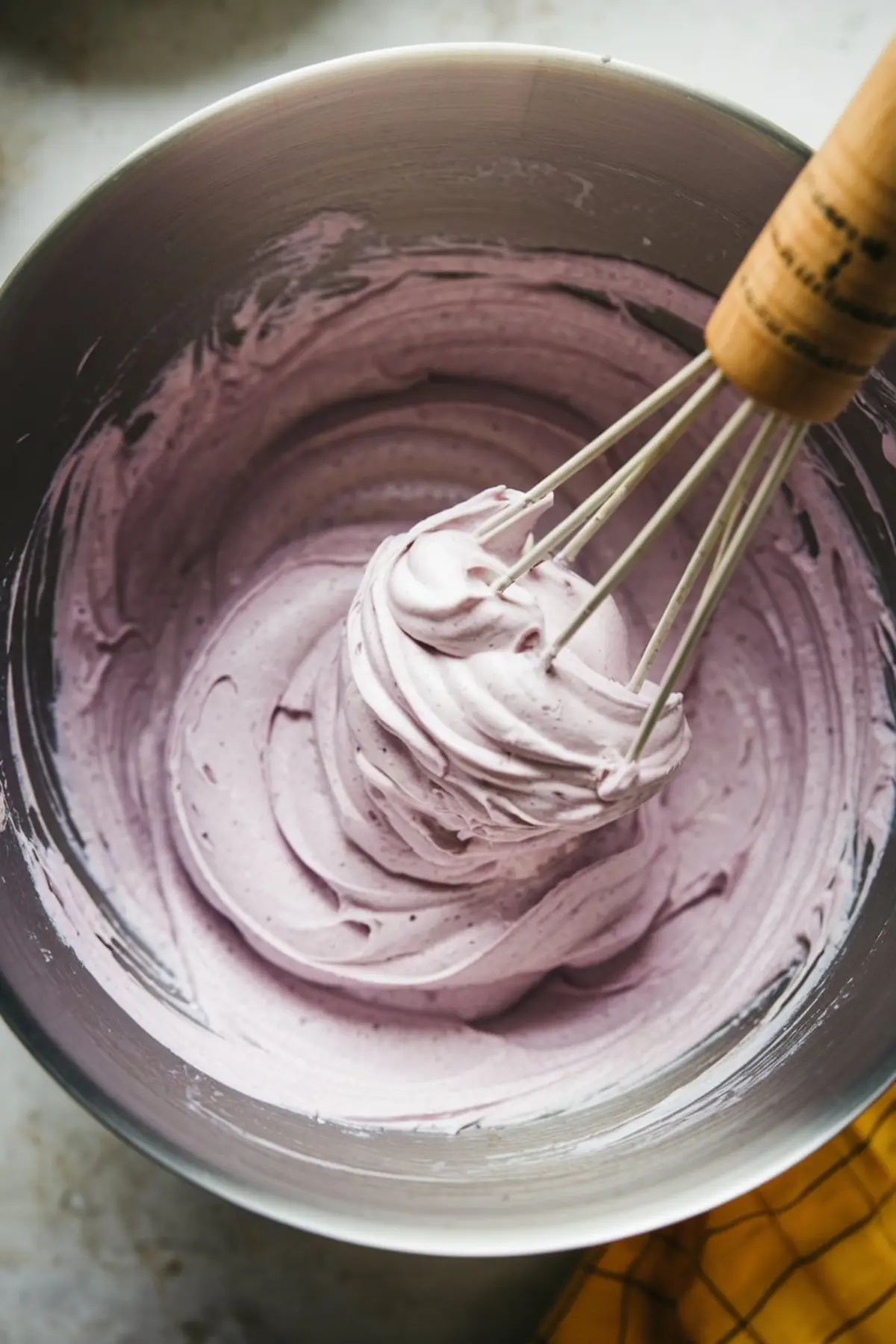 Close-up of a mixing bowl filled with smooth and fluffy purple honey lavender cheesecake batter, with a whisk lifted showing the creamy texture against a blurred background.