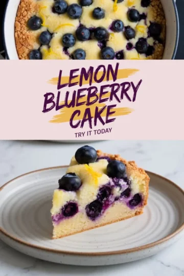 Round lemon blueberry cake topped with fresh blueberries and lemon zest, shown in a baking dish with a slice plated on a beige ceramic plate. The cake has a golden crust and soft, moist interior with baked blueberries. Text overlay reads “Lemon Blueberry Cake – Try It Today.”