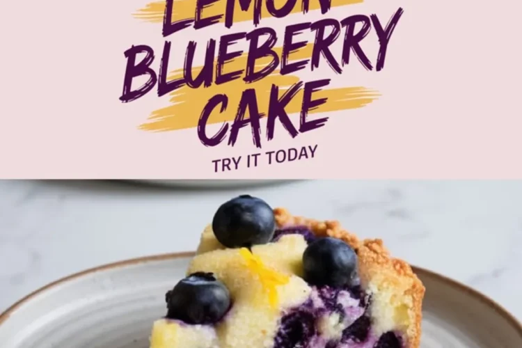 Round lemon blueberry cake topped with fresh blueberries and lemon zest, shown in a baking dish with a slice plated on a beige ceramic plate. The cake has a golden crust and soft, moist interior with baked blueberries. Text overlay reads “Lemon Blueberry Cake – Try It Today.”