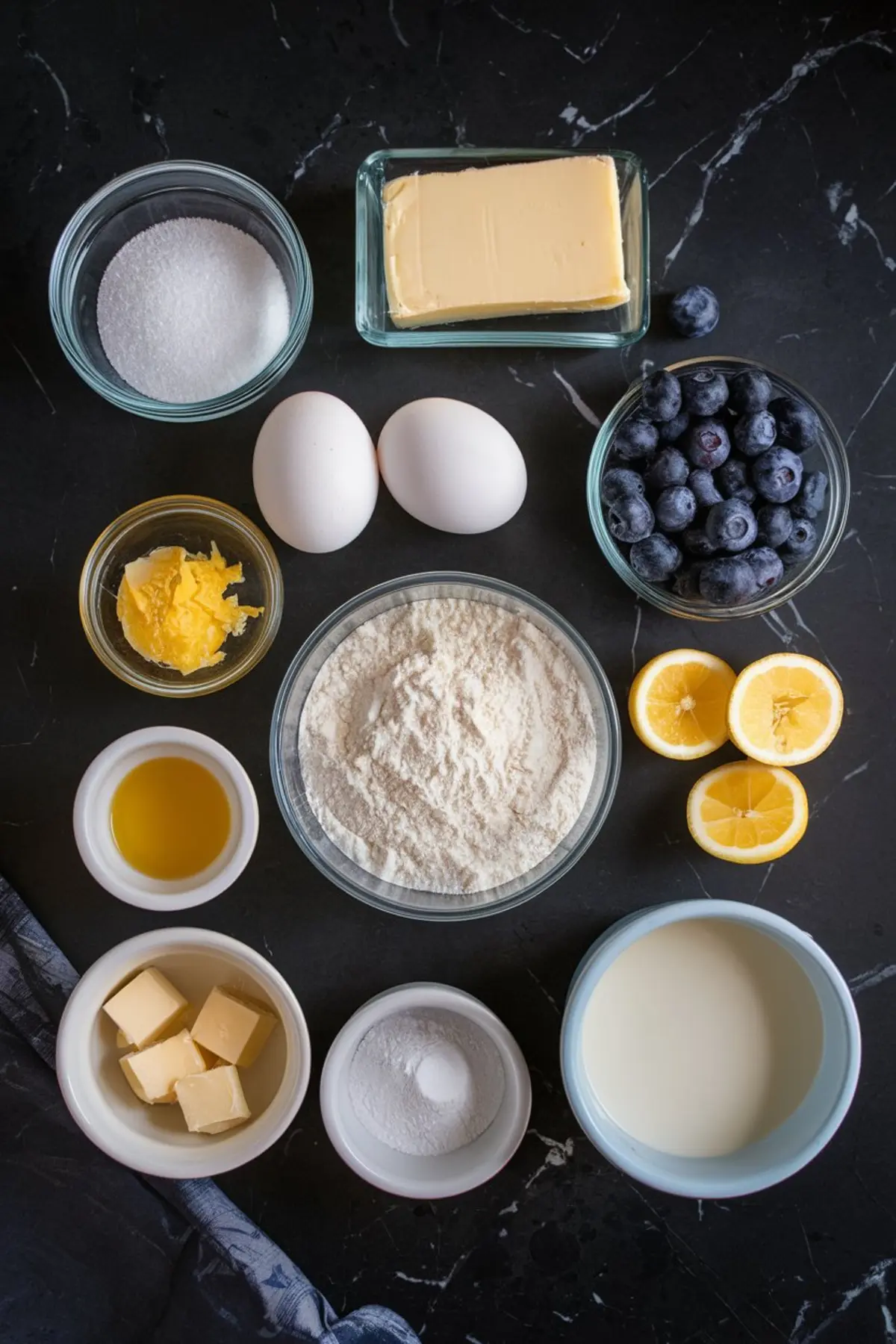 Flat lay of lemon blueberry cake ingredients on a dark marble surface, including butter, sugar, eggs, blueberries, flour, lemon zest, lemon halves, vanilla extract, baking powder, and milk, all neatly arranged in glass and ceramic bowls.