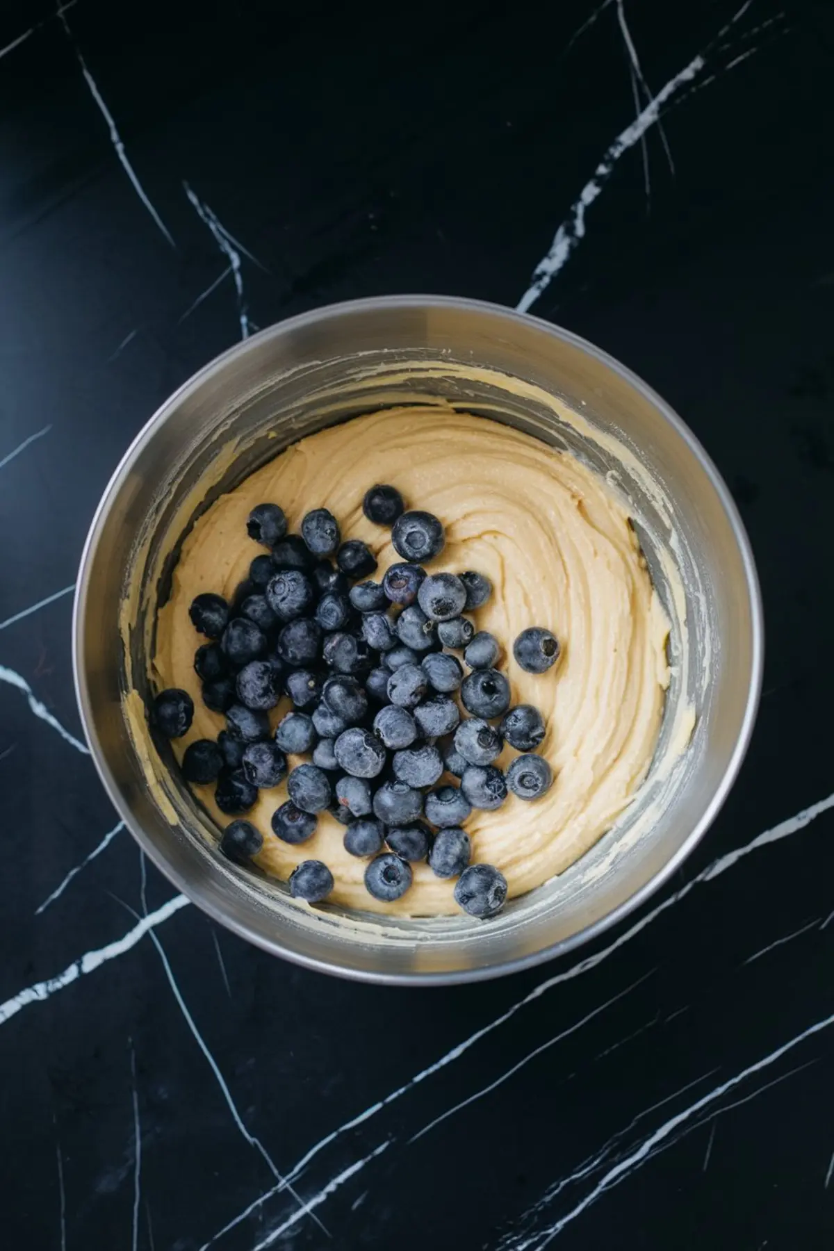 Metal mixing bowl filled with creamy yellow cake batter, topped with fresh blueberries, ready to be mixed in. The bowl sits on a black marble countertop with white veining.