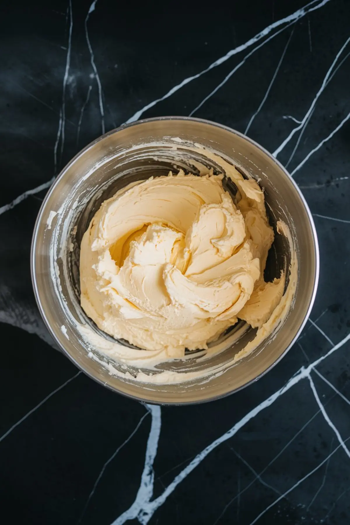 Metal mixing bowl with smooth, whipped cake batter, ready for the addition of blueberries, placed on a dark marble surface with white veining.