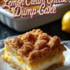 A plated square of lemon cream cheese dump cake with visible layers of golden crust, creamy filling, and zesty lemon center, styled with bold text overlay for a vibrant dessert presentation.