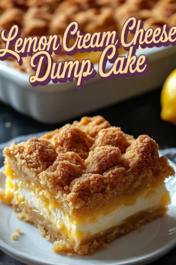 A plated square of lemon cream cheese dump cake with visible layers of golden crust, creamy filling, and zesty lemon center, styled with bold text overlay for a vibrant dessert presentation.