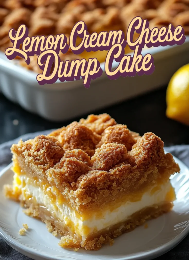 A plated square of lemon cream cheese dump cake with visible layers of golden crust, creamy filling, and zesty lemon center, styled with bold text overlay for a vibrant dessert presentation.