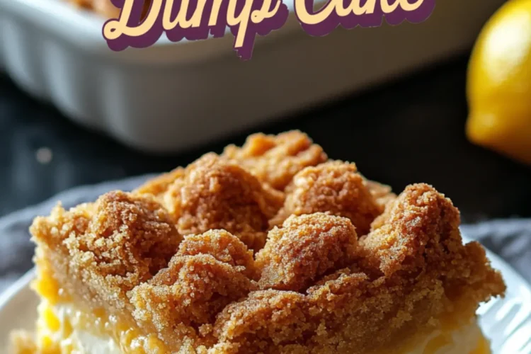 A plated square of lemon cream cheese dump cake with visible layers of golden crust, creamy filling, and zesty lemon center, styled with bold text overlay for a vibrant dessert presentation.