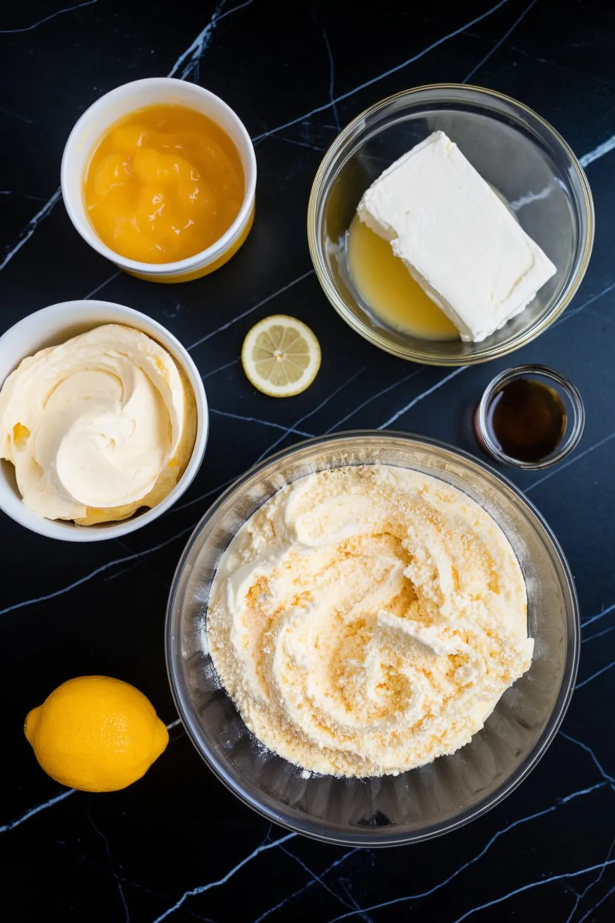 Flat lay of lemon dessert ingredients on a black marble surface, including lemon pie filling, whipped topping, cream cheese in lemon juice, vanilla extract, and a mixing bowl of dry cake mix with cream.